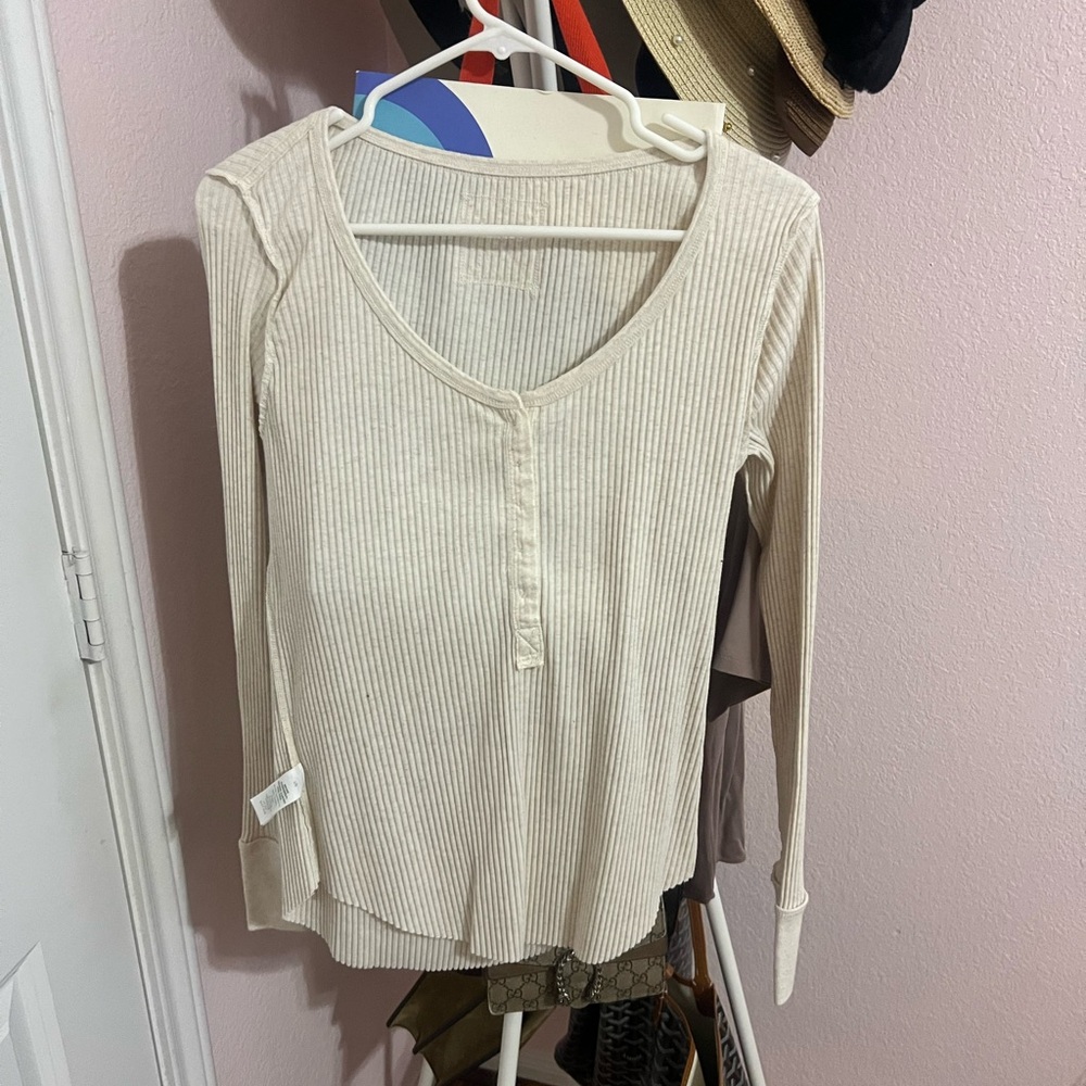 Elegant Beige Ribbed Long Sleeve Top